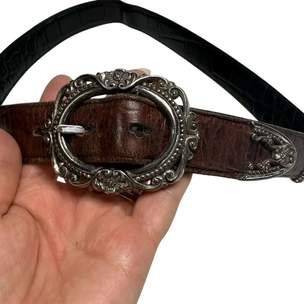 Vintage Reversible Leather Belt Brown Black Ornate Silvertone Embellishments L